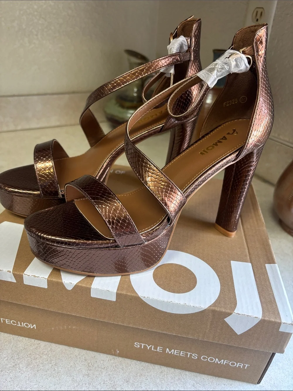 Sam Edelman Metallic Bronze Snake-Embossed Platform Sandals